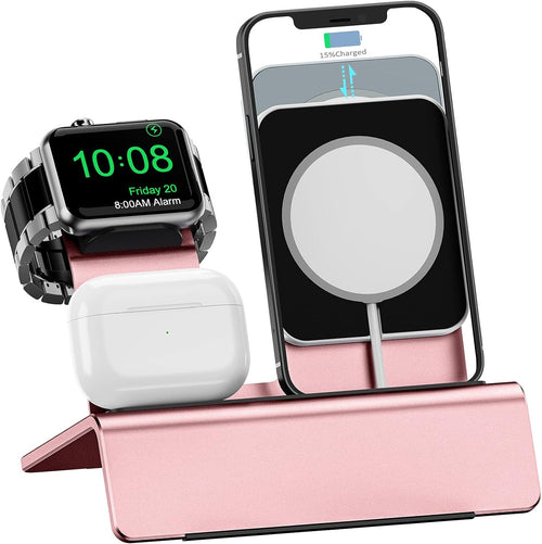 Aluminum Charging Stand for Apple Device 3 in 1 Charger Stand Holder Compatible with Magsafe Charger Iwatch Charger Airpods Pro/2/1 and Iphone Stand Holder(Charger & Cable Required)-Rose Gold